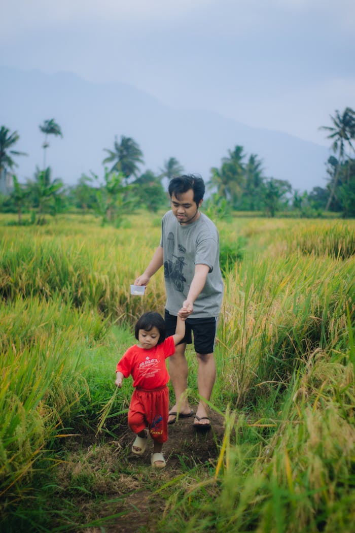 A father and his child enjoying a walk in a rice field in Tasikmalaya, Indonesia.